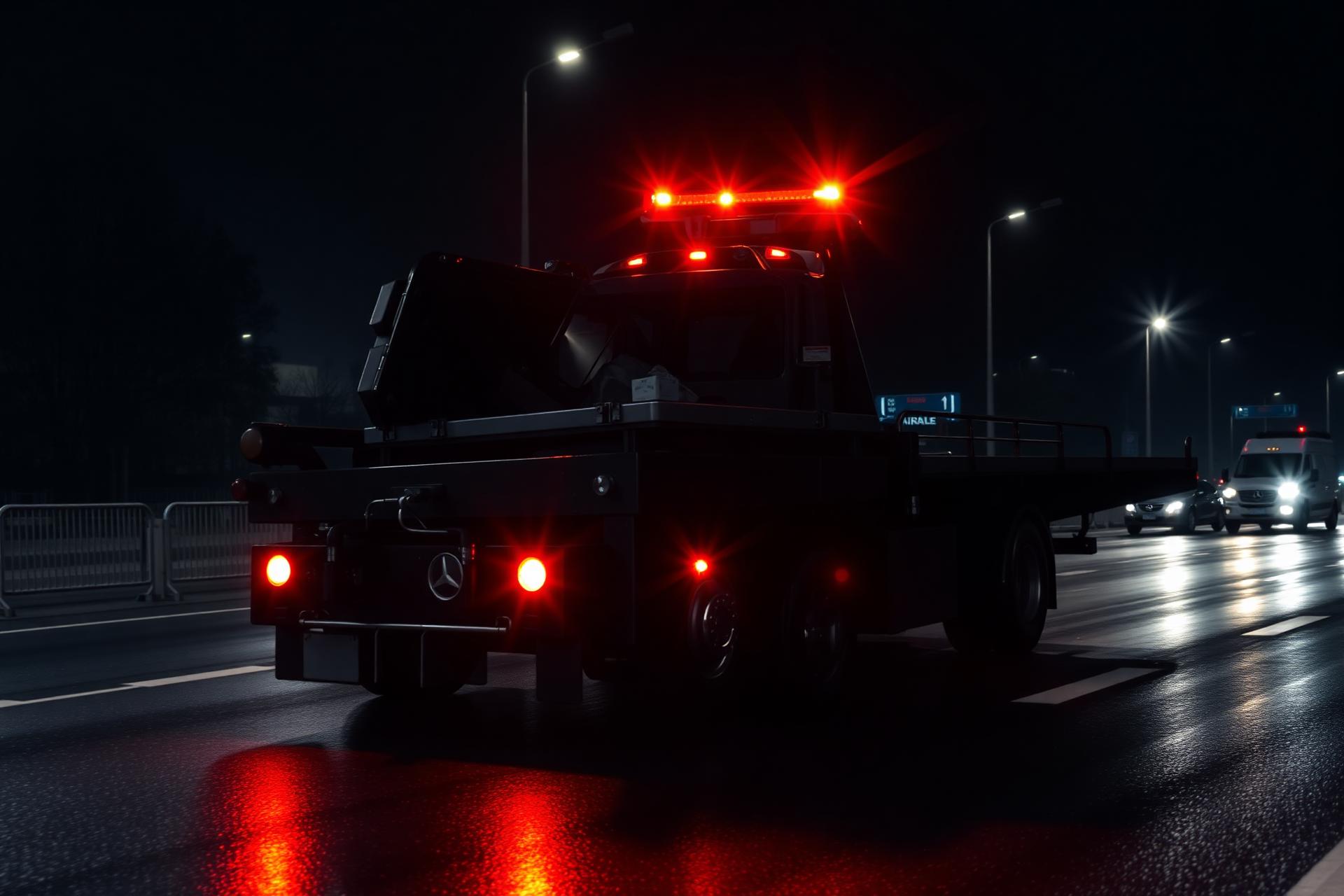 Tow truck with emergency lights on a wet highway at night